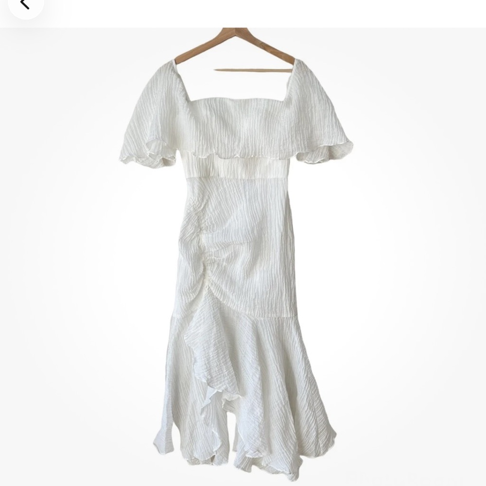 C/MEO COLLECTIVE Romantic Off-Shoulder White Ruffle Midi Dress Bridal Size M - Picture 2 of 8